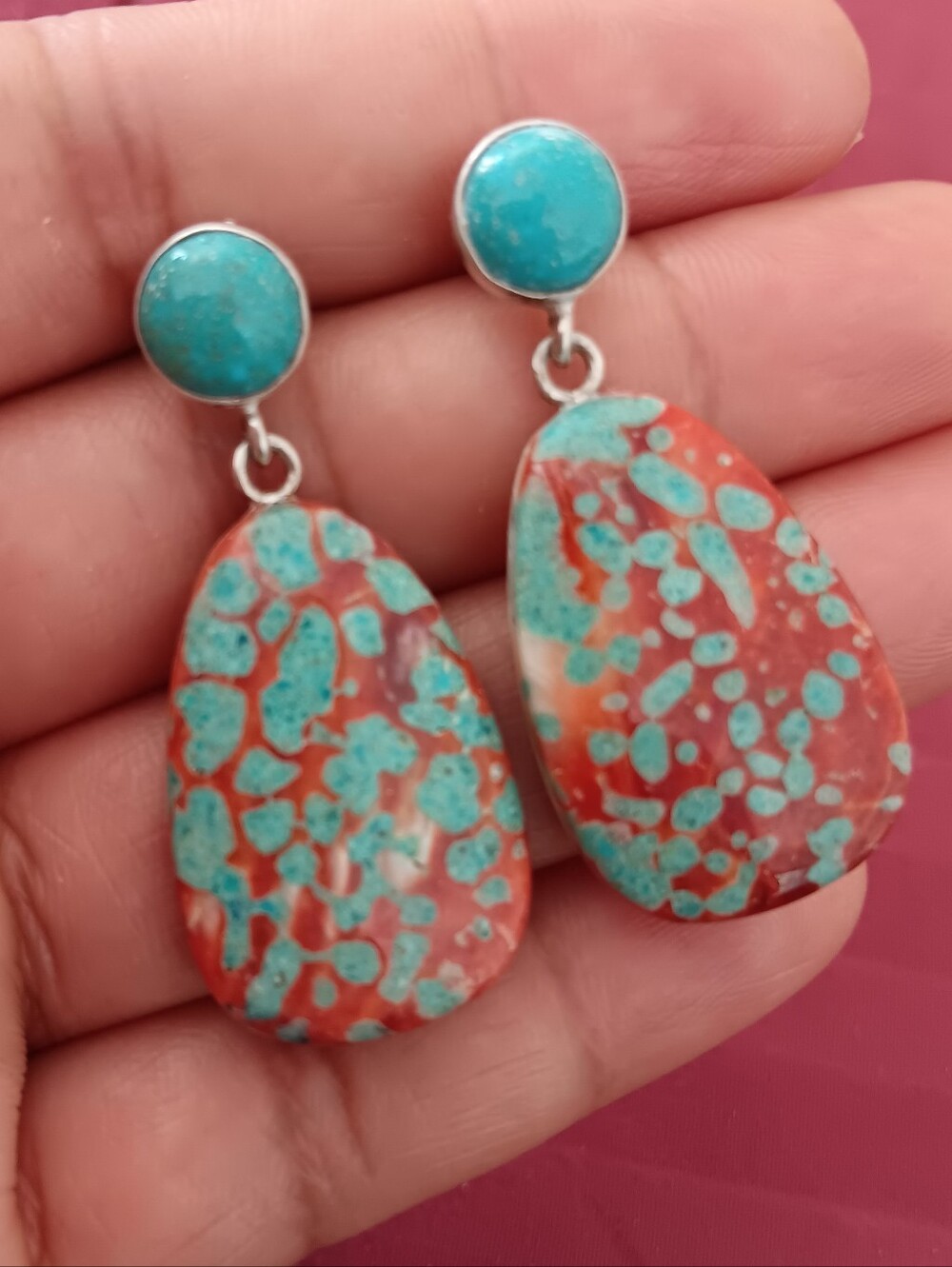 Handcrafted Turquoise & Coral Teardrop Dangle Sterling Silver Earrings